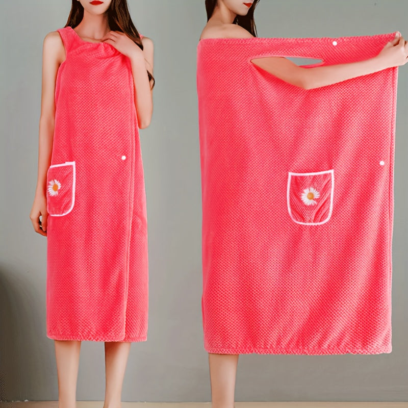 Light Blue Extra-Long Coral Fleece Bath Towel with Daisy Pocket - Super Absorbent, Machine Washable, Soft & Durable for Bathroom Use, Robe Wear | Detailing | Light Blue Coral Fleece